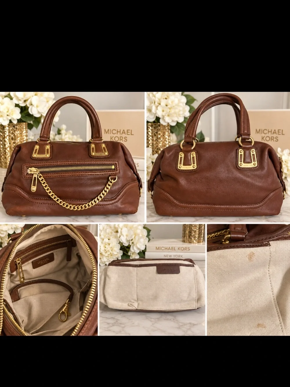 Michael Kors Brown Leather Satchel Handbag Gold Hardware
